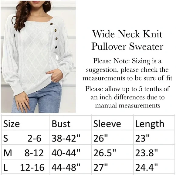 White Wide Neck Knit Pullover Sweater with Button Detail - Picture 16 of 16